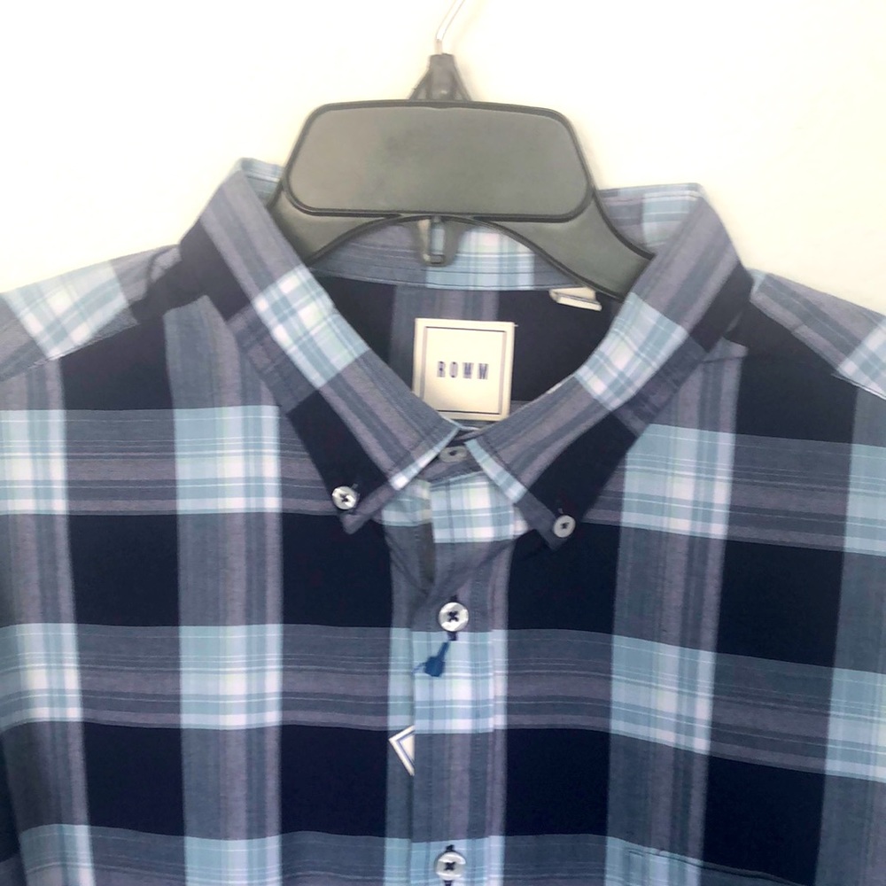 Men’s XL navy blue and teal plaid cotton shirt